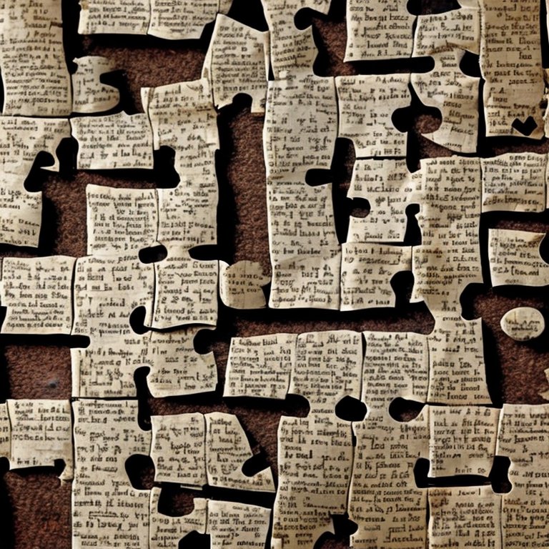 An image created by the Stable Diffusion 2.1 Demo. The model was asked to produce an image with the prompt, &#039;Text from an old book cut up like a jigsaw puzzle with pieces missing'.